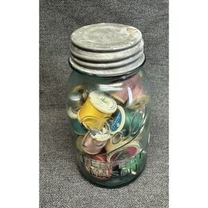 Ball Blue Glass Mason Jar Filled With Vintage Sewing Wood Spools Of Thread
